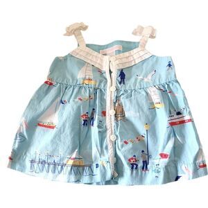 Janie and Jack Yacht Party Blue White Boat Pleated Seaside Top 3-6M HTF